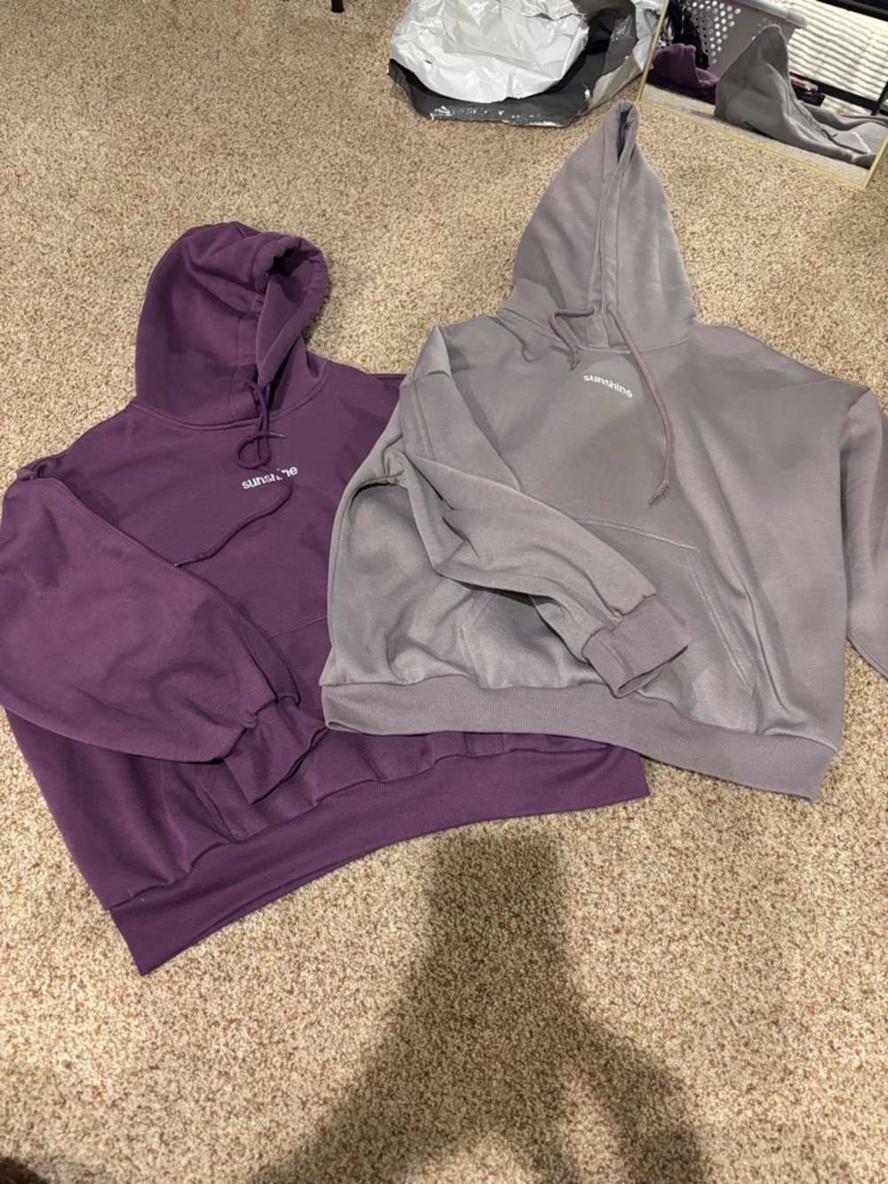 2 EUC “sunshine” hoodies. Purple and gray both size XL (fit like med-large)